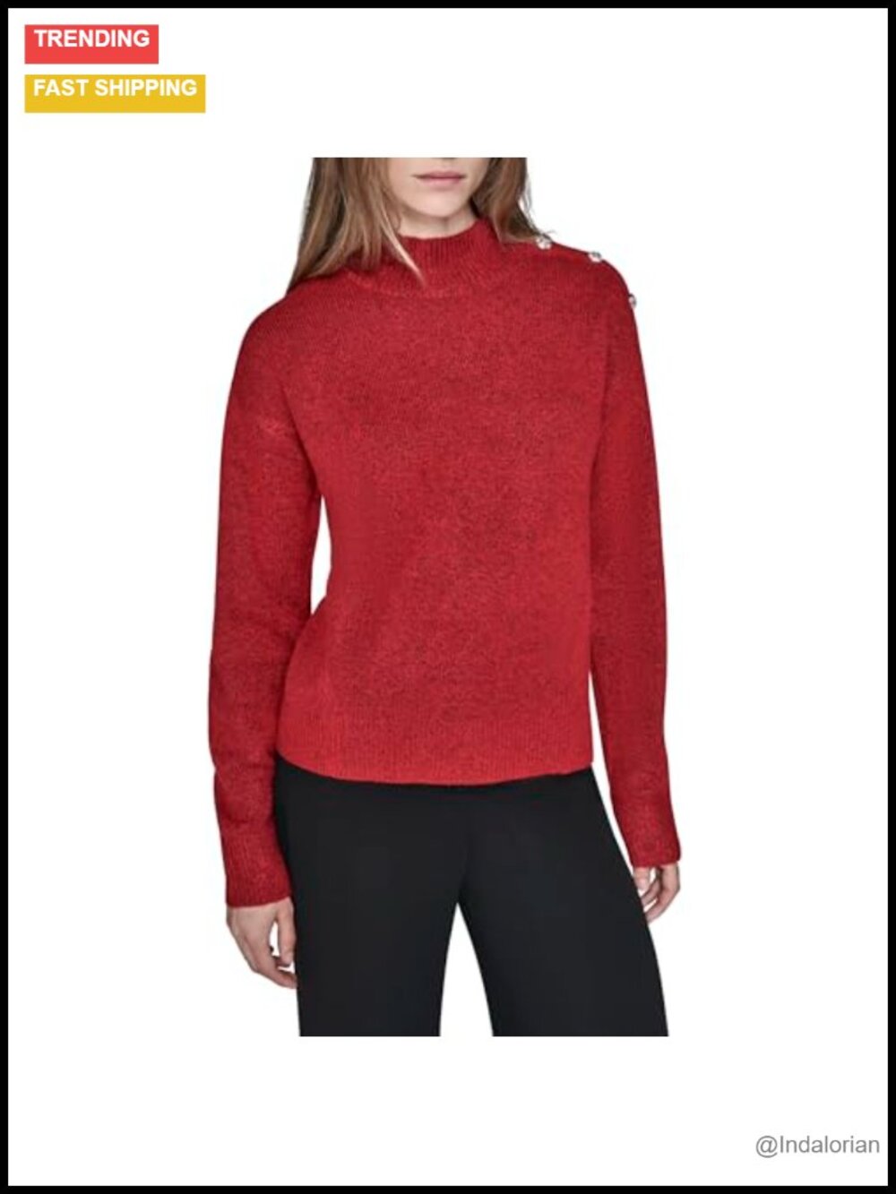 Mock Neck Crystal Button Pullover Sweater Long Sleeve
